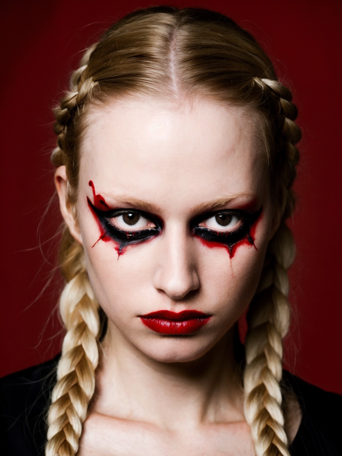 masterpieces, close-portrait, female, fantasy makeup, pale skin, blonde hair, braided hairstyle, mysterious, red black sym...
